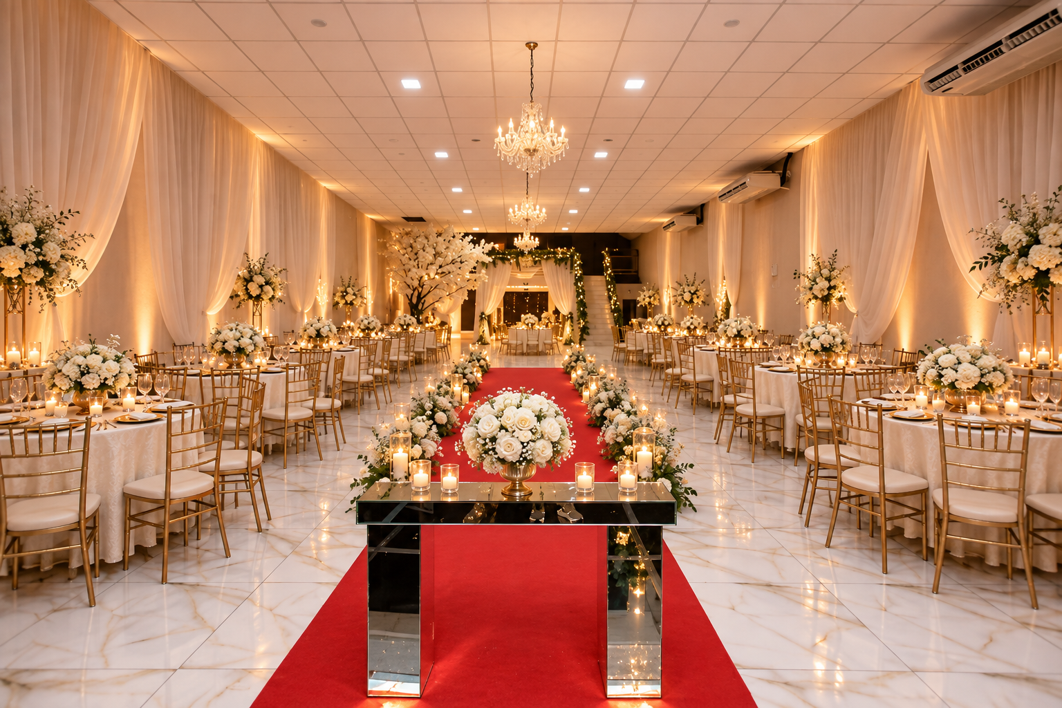 Salão montado para casamento, com passarela vermelha e mesas em branco e dourado