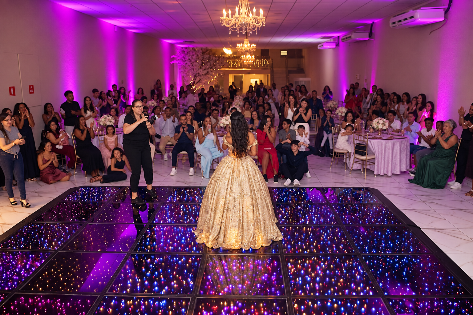 Debutante na pista de LED acesa diante dos convidados